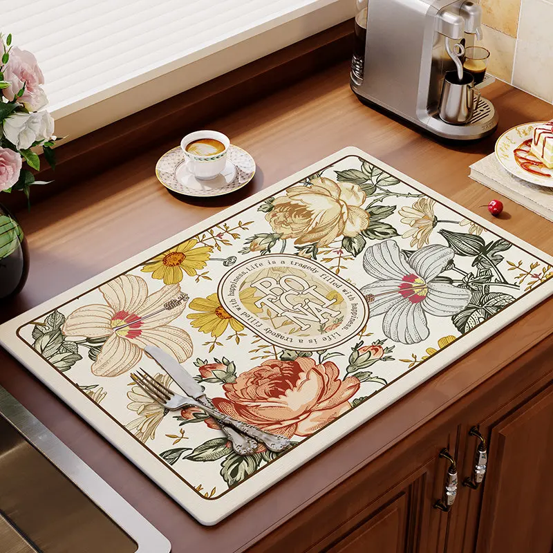 Retro Floral Kitchen Counter Drying Mat Water Absorption Non-Slip Heat Resistant Drainage Pad Kitchen Tabletop Protector