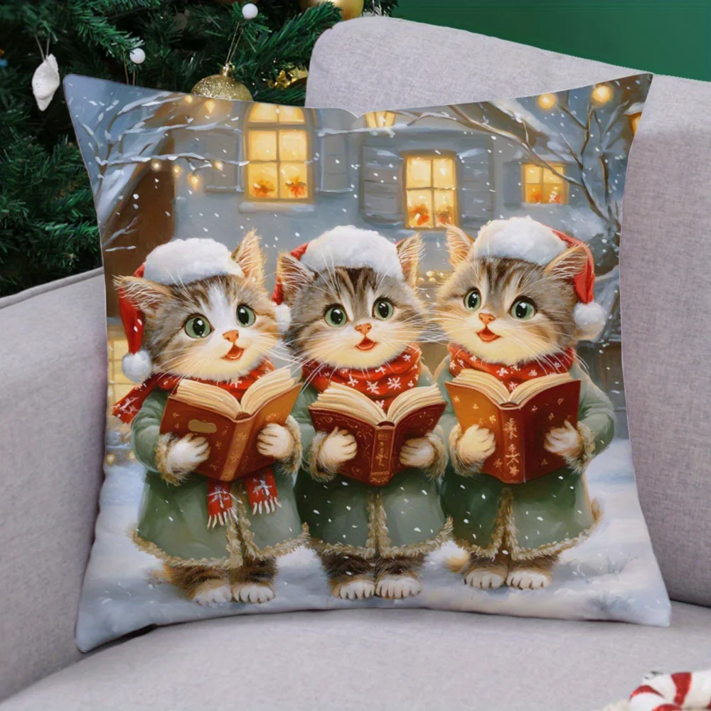 Merry Christmas Cat Double Sided Pillow Cover Hidden Zipper Cushion Case Sofa Bed Car Living Room Decor No Insert