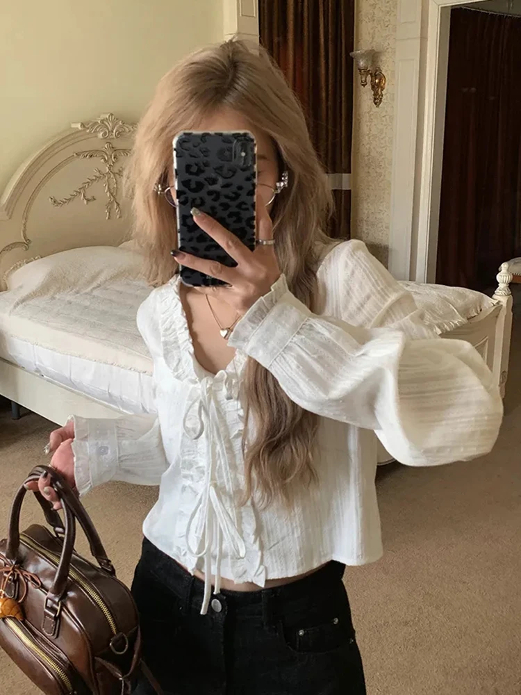 

Zoki Lace Up Sweet White Shirts Women Vintage Long Sleeve Cropped Blouse Casual V Neck Female Korean Elegant Retro Tops New