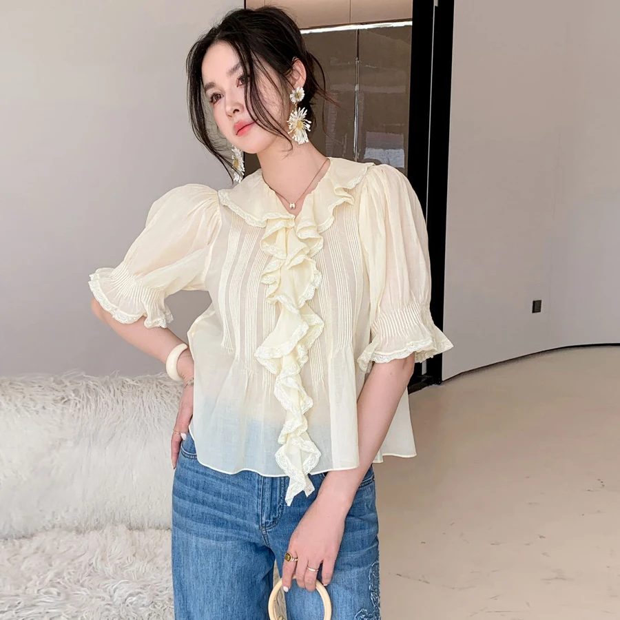 

Romantic Vaion Lazy Thin Transparent Antique Hand Embroidered Retro Court Pleated Lace Trim irt Top Cotton 00% Summer 2025