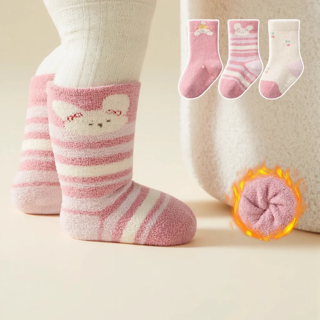 Thick Warm Non Slip Baby Soft Skin-friendly Children's Socks Cute Pink Printed Boys/Girls Kid's Socks 3 Pairs Winter 1-3Y