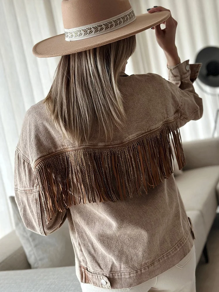 Gypsylady Stylish Retro Denim Women Jacket Autumn Winter Tassels Long Sleeve Cotton Khaki Brown Ladies Biker Jackets Chaquetas