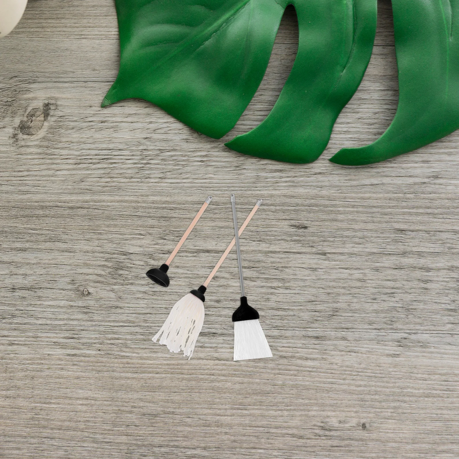 3 pçs mini ferramenta de limpeza esfregões casa de bonecas suprimentos conjunto preto metal decoração acessórios criança