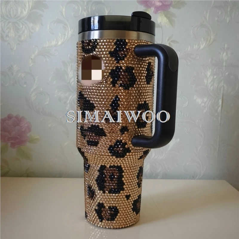 Hand-applied Leopard Rhinestone Tumbler Personalized Crystal Cup for Bridesmaids Insulated Stainless Steel Glitter Travel Mug
