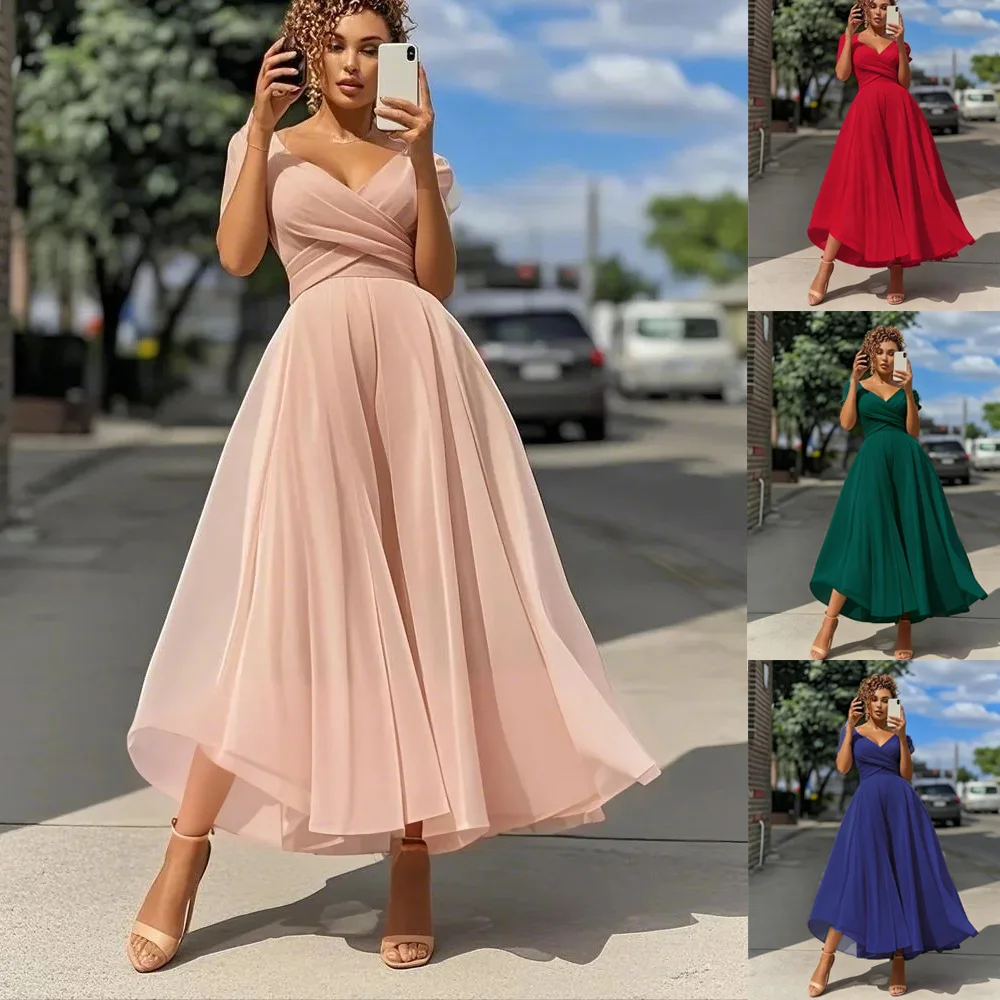 

2026 New Slim-fit Pendulum Cross-strap Dress Solid Color Gauze Skirt