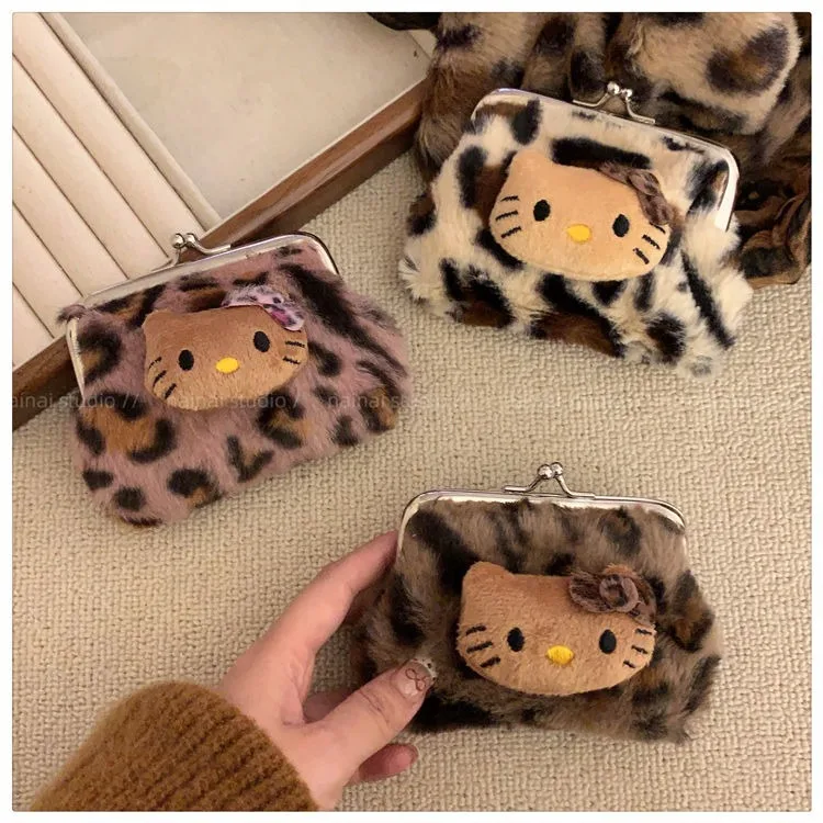 

Cute Fresh and Sweet Kitty Leopard Print Coin Purse Plush Carry Bluetooth Headphone Bag KT Cat Makeup Bag Storage Bag