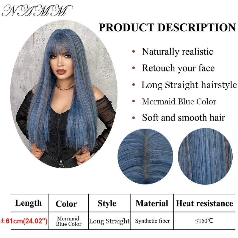 Namm moda feminina perucas sintéticas com franja sereia cor azul longa reta perucas cosplay falso cabelo natural resistente ao calor perucas