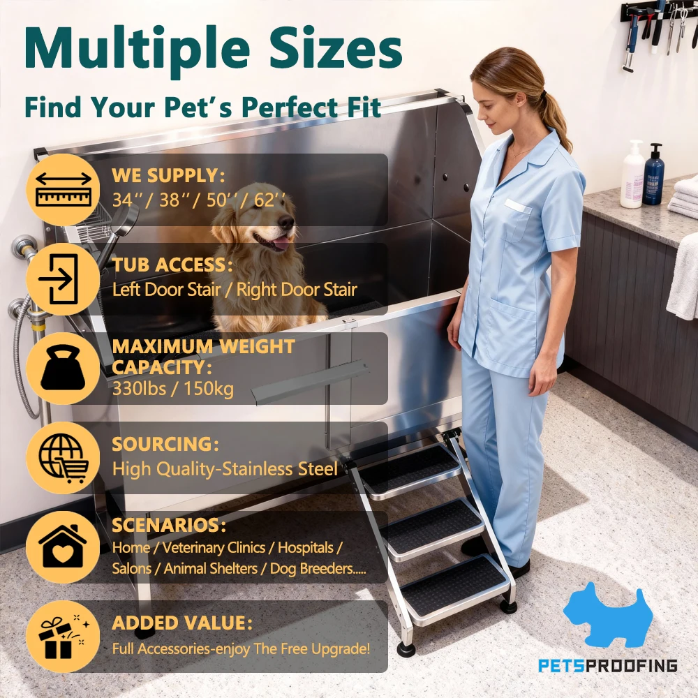 Wholesale 50 Stainless Steel Pet Bath, Dog Bathing Shower Heavy Duty Bath with Stair Sliding Door for Pet Grooming Spa