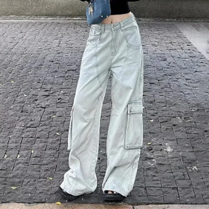 Korean Retro Women Cargo Jeans Baggy High Waist All Match Casual Trousers Female Spring Fall Multiple Pockets Wide Leg Pants