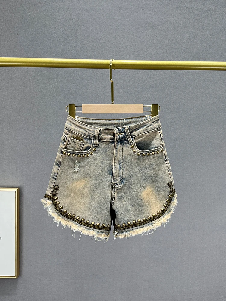 

High Waist Loose Fit Distred Denim orts for Women Summer 2023 Cotton Stretch Fabric Zipper Closure Blue Jeans orts