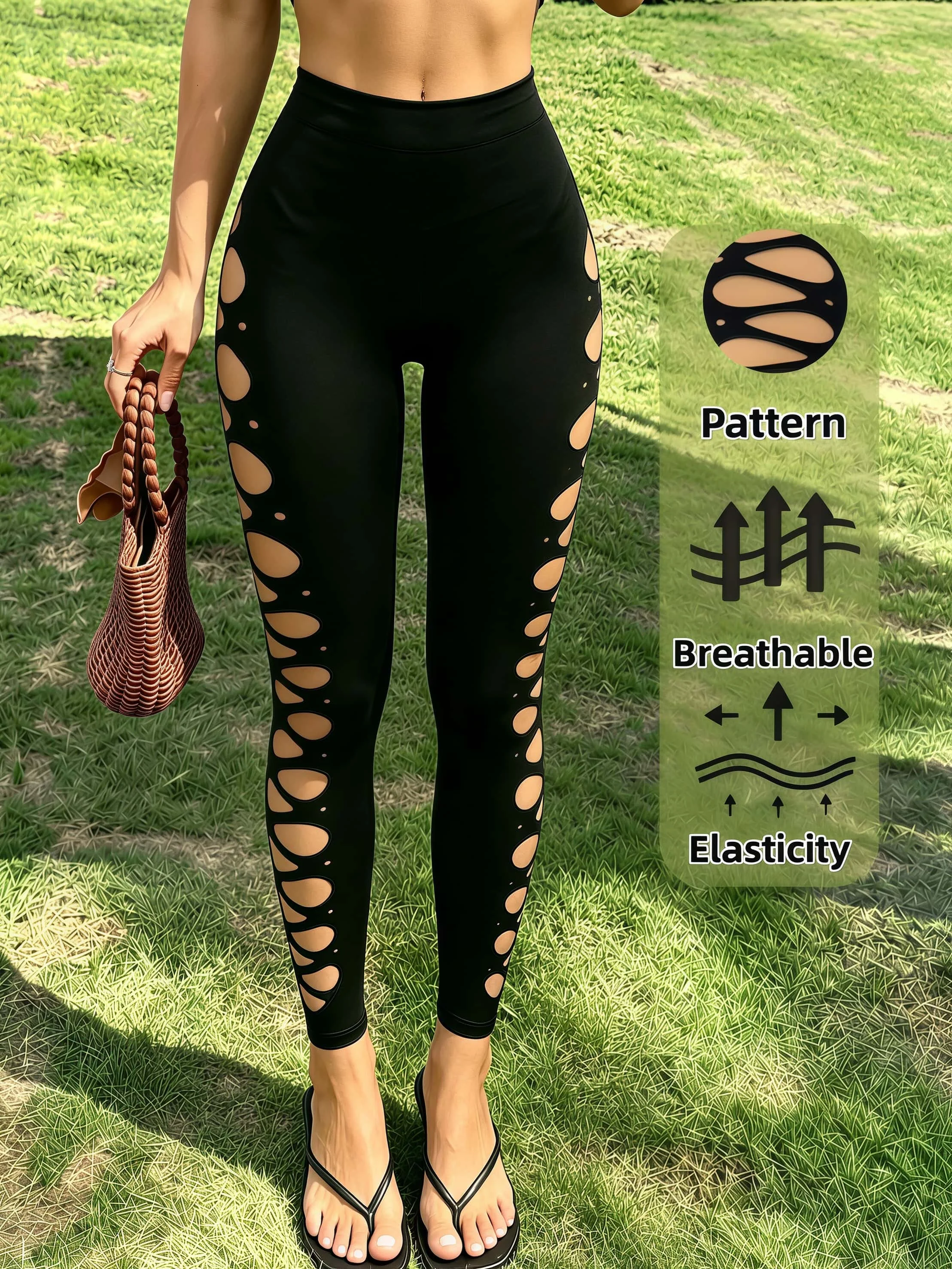 Damen-Leggings mit Leitermuster-Ausschnitten in Schwarz, hochelastisch, atmungsaktiv, sexy, hohe Taille, Capri-Hose mit Cut-Outs für den Alltag und für den Abend – Detail 2