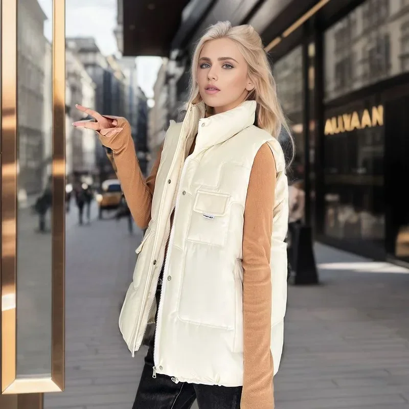 2024 New Autum Down Cotton Vest Women Loose Sleeveless Coats Jackets Winter Female Solid Stand Collar Thickening Warm Vest White