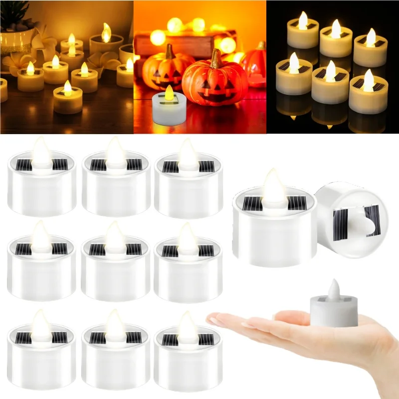 

Solar Tea Light Outdoor Waterproof Candles Flameless Rechargeable Candles with Flickering Light Sensor for Garden Home Decor
