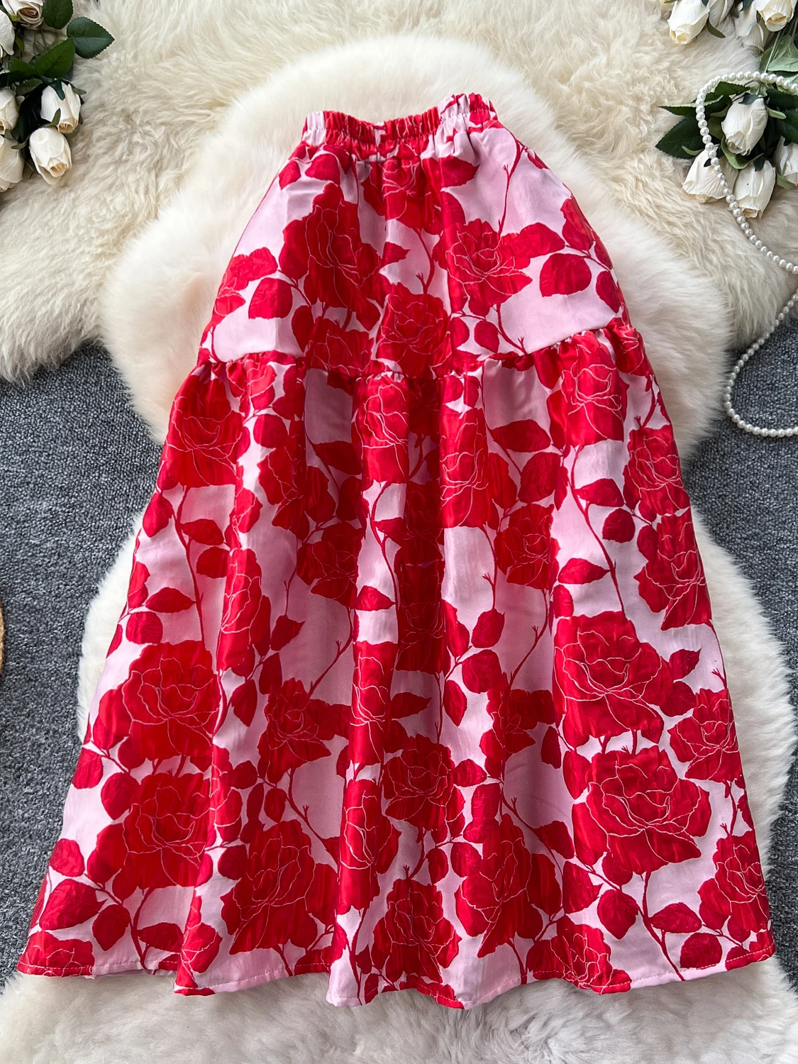 

Ele Юбка-миди с высокой талией, женская расклешенная юбка трапециевидной формы с тяжелой вышивкой, корейская юбка для поездок на работу, Ci Scenarios, полиэфирное волокно