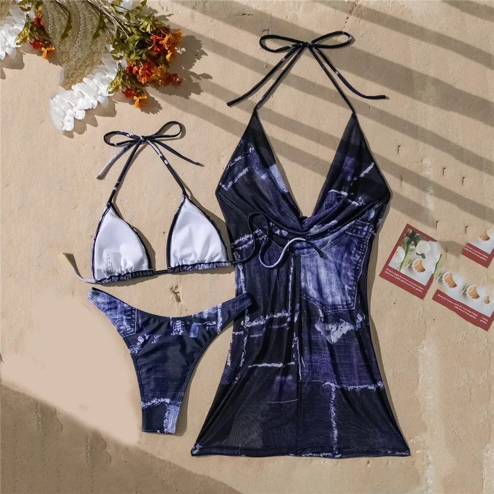 Blue Denim Print Slip Dress Swimwear Halter String Triangle Bikinis Sets 3 Pieces Sexy Swimsuit Women 2026 Holiday Bikini 2026