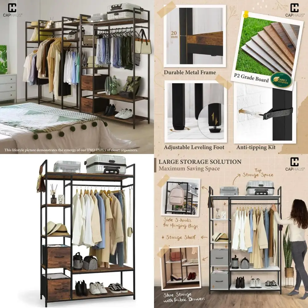 

Прочный отдельно стоящий металлический органайзер для гардероба с перекладинами для вешалок и дубовыми полками