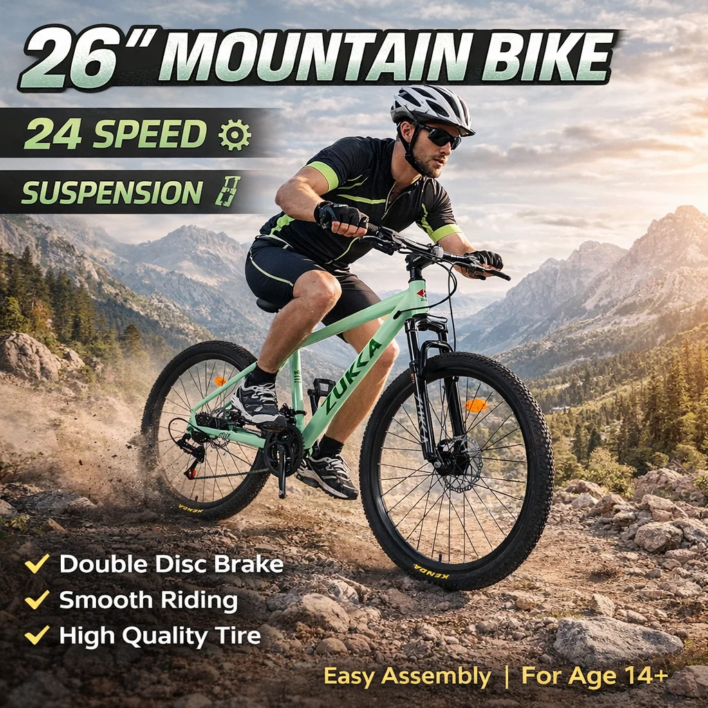 

26-дюймовый горный велосипед, 24 скорости, плавная езда, двойные дисковые тормоза, амортизация, высококачественные шины, легкая сборка, для катания на MTB, для возраста 14+