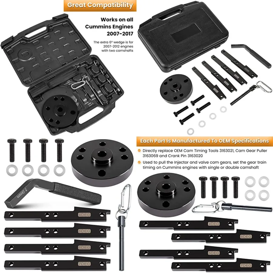 

3163021 Cam Timing Tool Kit+3163530 Engine Brake Adjustment Tool 7MM for Cummins ISX QSX X15 Engine 2007-2017 with Injector Cam Puller Carrying Case Replaces 3163069 3163020 Heavy Duty Steel (15 PCS)