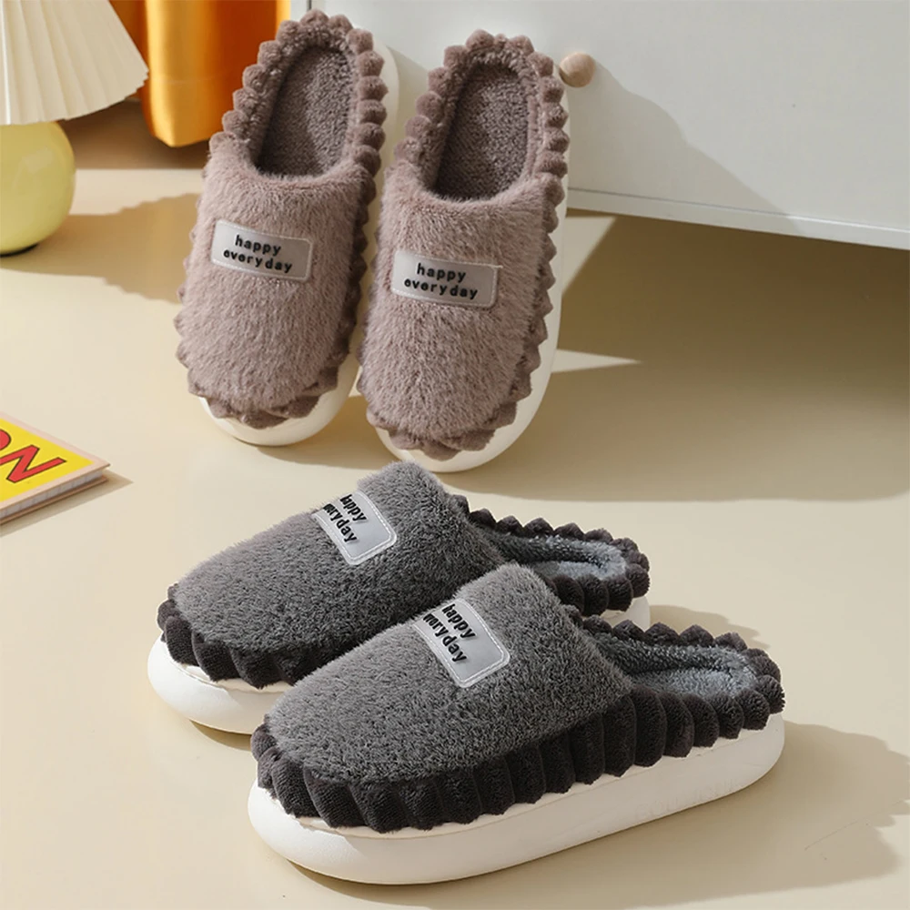 Home Slippers Men Big Size Plush Winter Warm Soft Slippers Male Stripe Indoor Slippers Fashion Trend House Shoe Solid EVA Chunky