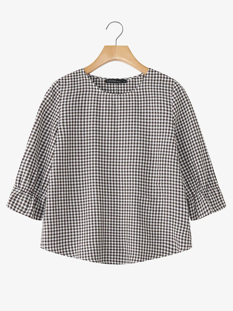 เสื้อแฟชั่นผู้หญิง ZANZEA ลายสก็อตระบายแขน 3/4 เสื้อลำลองสไตล์วินเทจ ปี 2025 ทรงหลวม ลายตาราง เหมาะสำหรับใส่ทำงาน