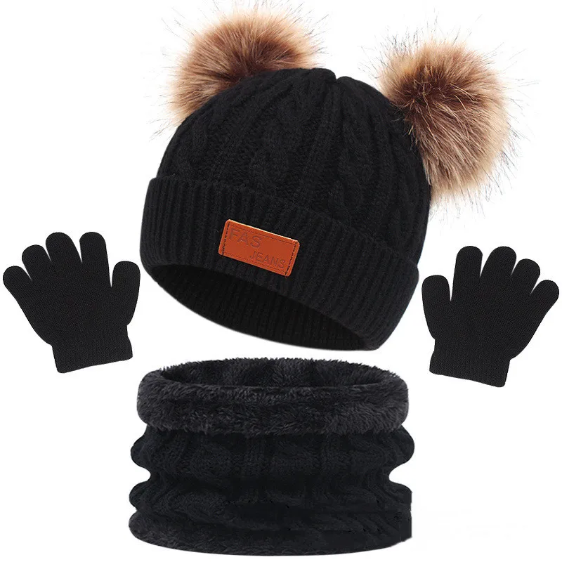 1-5Y Autumn Winter Children Baby Knit Gloves Hat Scarf 3pcs Suit Fur Balls Outdoor Windproof Warm Kids Muffler Cap for Boy Girl