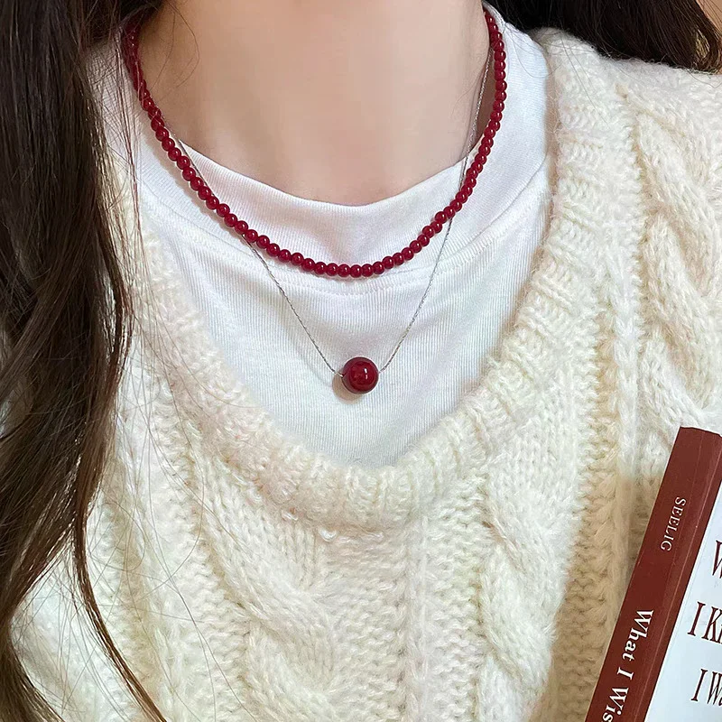 Red Beaded Necklaces For Women Chinese Style Glass Beads Necklace Exquisite Elegant Choker Aesthetic Jewelry Accessories Vintag
