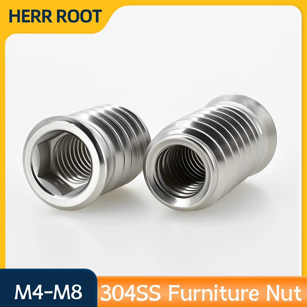 10Pcs 304 Stainless Steel Hex Socket Furniture Insert Nut M4 M5 M6 M8 Metric Thread Woodworking Bed Chair Desk Cabinet Nuts