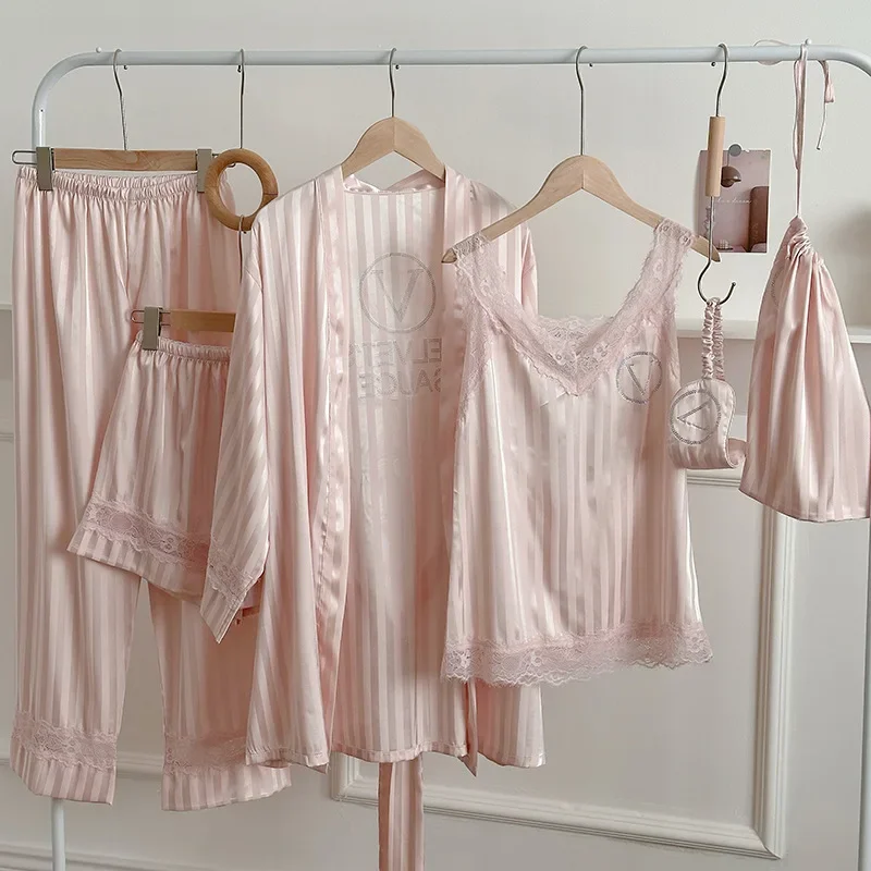 

Женский халат, пижама, комплект из 4 предметов, одежда для сна, сексуальный кружевной топ и шорты в полоску со стразами, брючный костюм, одежда для дома, свободная атласная домашняя одежда