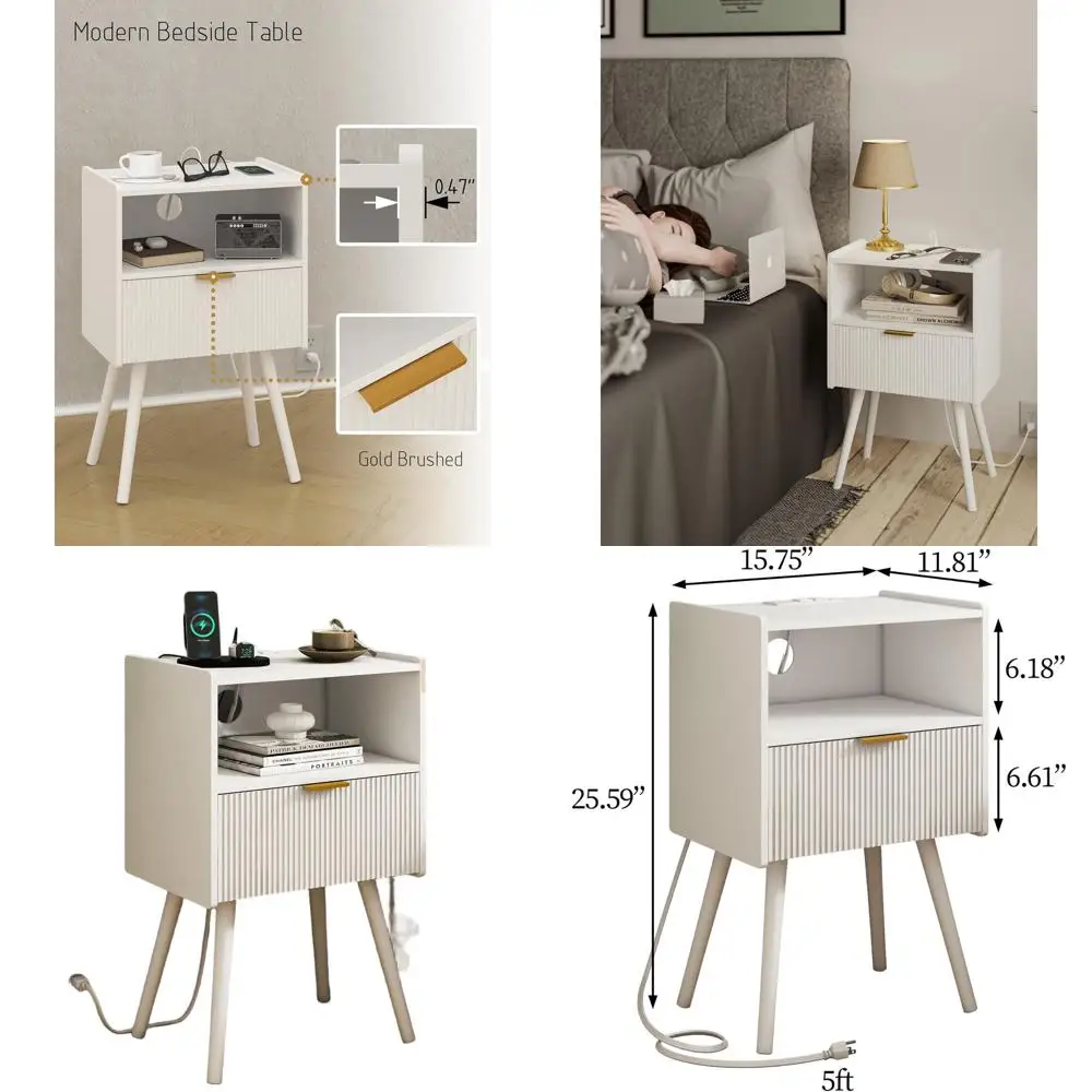 

Modern White Nightstand with Outlet, Storage Drawer, and Open Shelf for Bedroom and Living Room, Suitable for Small Spaces, Soli