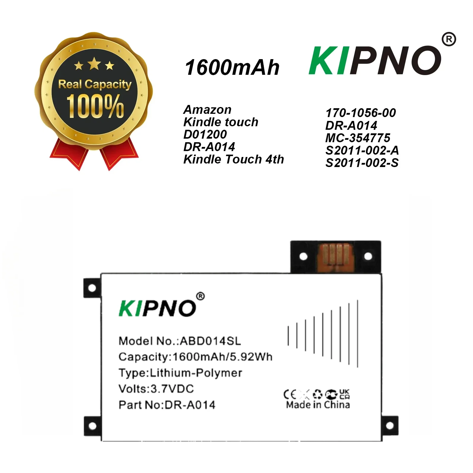 

KINPNO 1600mAh Battery For Amazon D01200 DR-A014 Kindle Touch 4th 170-1056-00 DR-A014 MC-354775 S2011-002-A S2011-002-S