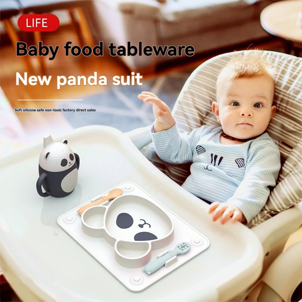 

Baby Integrated Suction Cup Grid Supplementary Food Plate Fork-Spoon Feed Tableware Set Children Panda Silicone Meal Dish