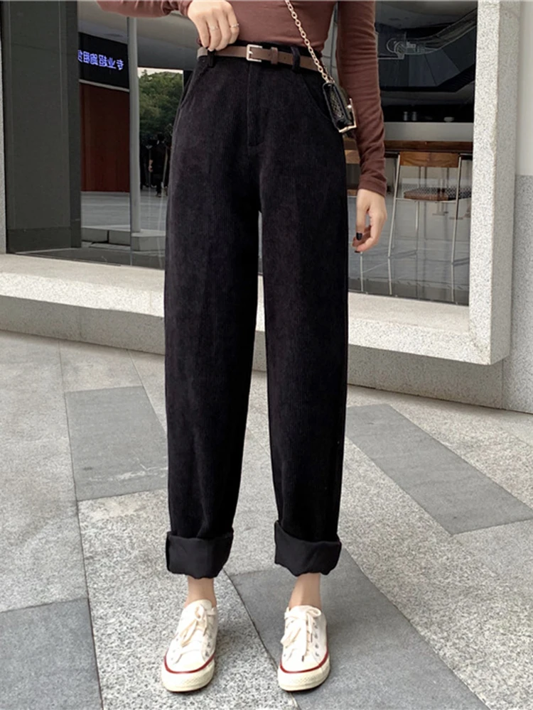 

ZOKI Vintage Corduroy Women Pants Fashion Belt Fall Elastic High Waist All Match Wide Leg Pants Causal Pockets Loose Trousers