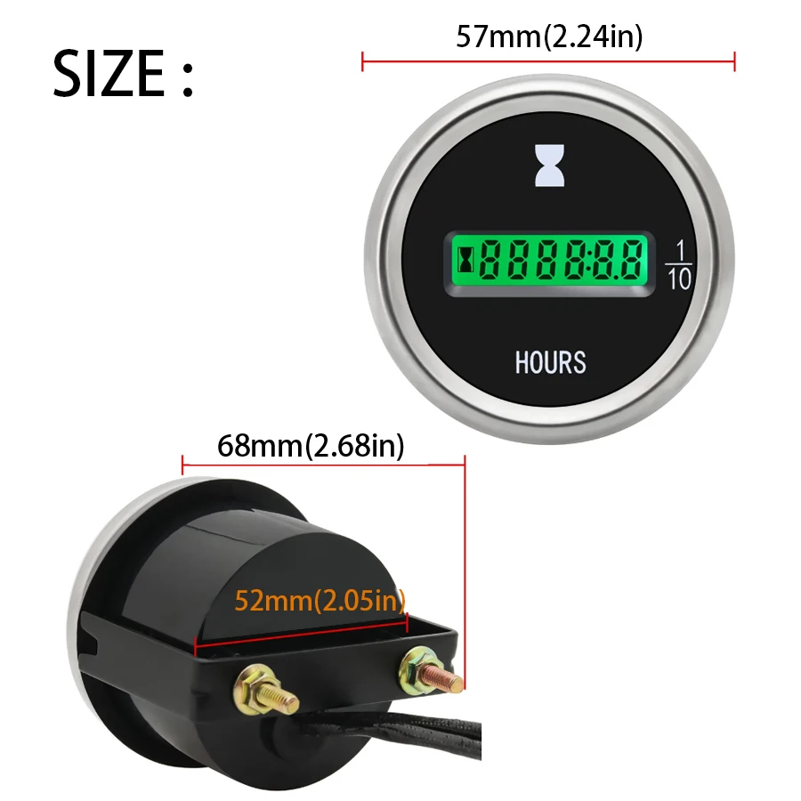 52mm Electronic Hour Meter 12V 24V Green LED Digital Hours Gauge Counter Universal for Motorcycle Car Marine Boats ATV Olga