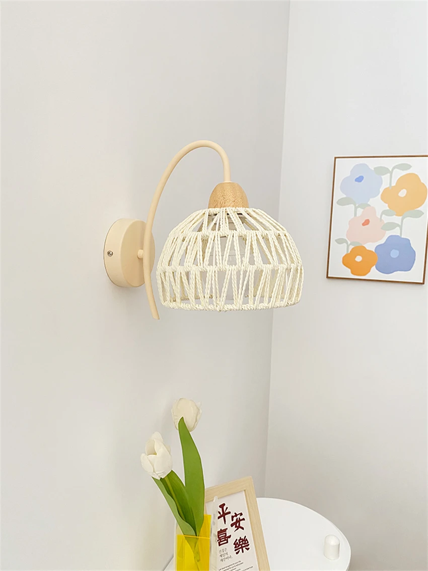 

Japanese style log hemp rope lantern wall lamps bedroom bedside lamp Antique cream style hallway aisle vine art sconces lights