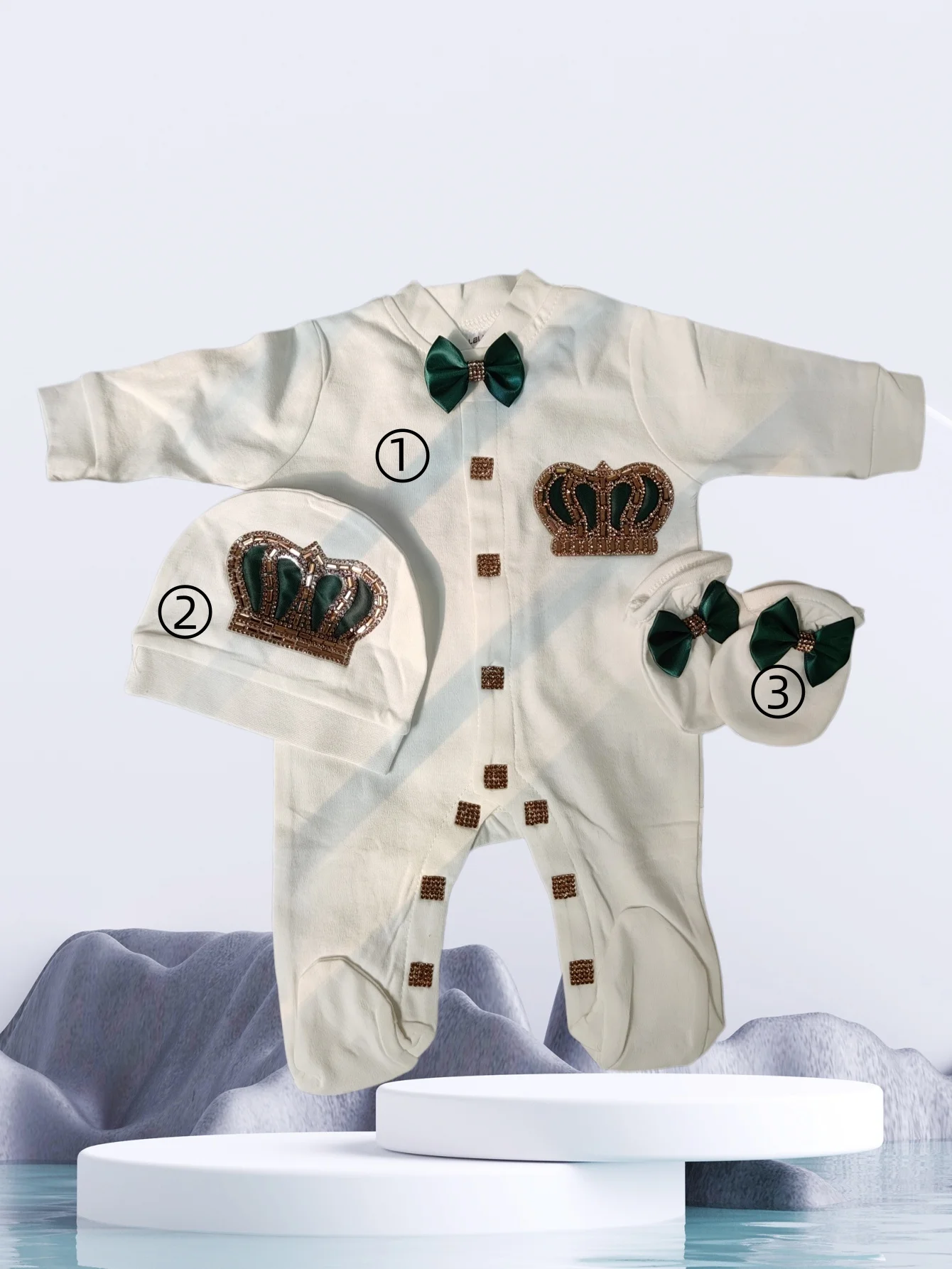 Precious Baby Boy Beaded Crown Footed Romper Set Soft Breathable Cotton Hat Socks 0-9 Months Daily Wear