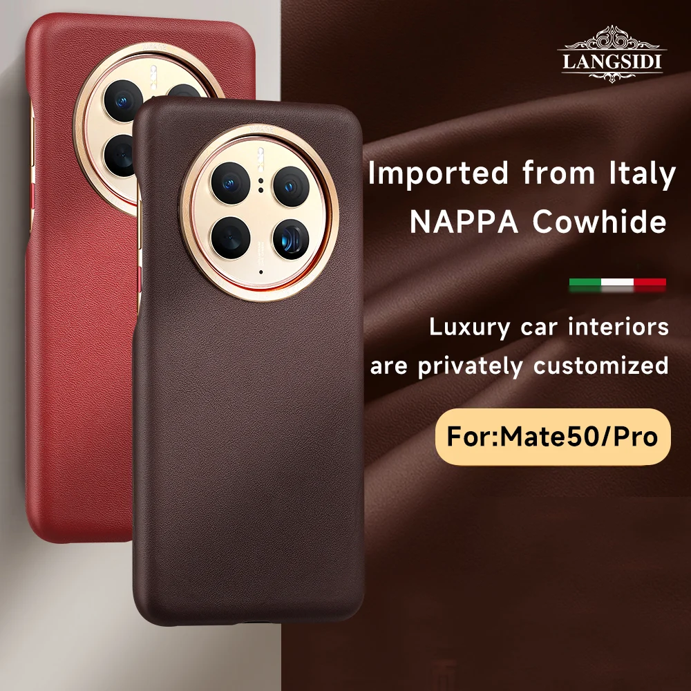 Original Cowhide Leather Phone Case for Huawei Mate 50 40 30 Pro Luxury Full Protection Back Cover with Metal Frame