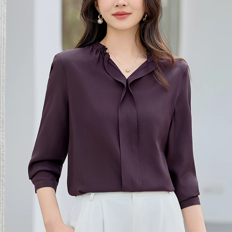 

Elegant Shirts Fashion Blouses for Women V-neck Long Sleeve Office Lady Solid Blouse 100% Real Silk Women's Shirt Loose