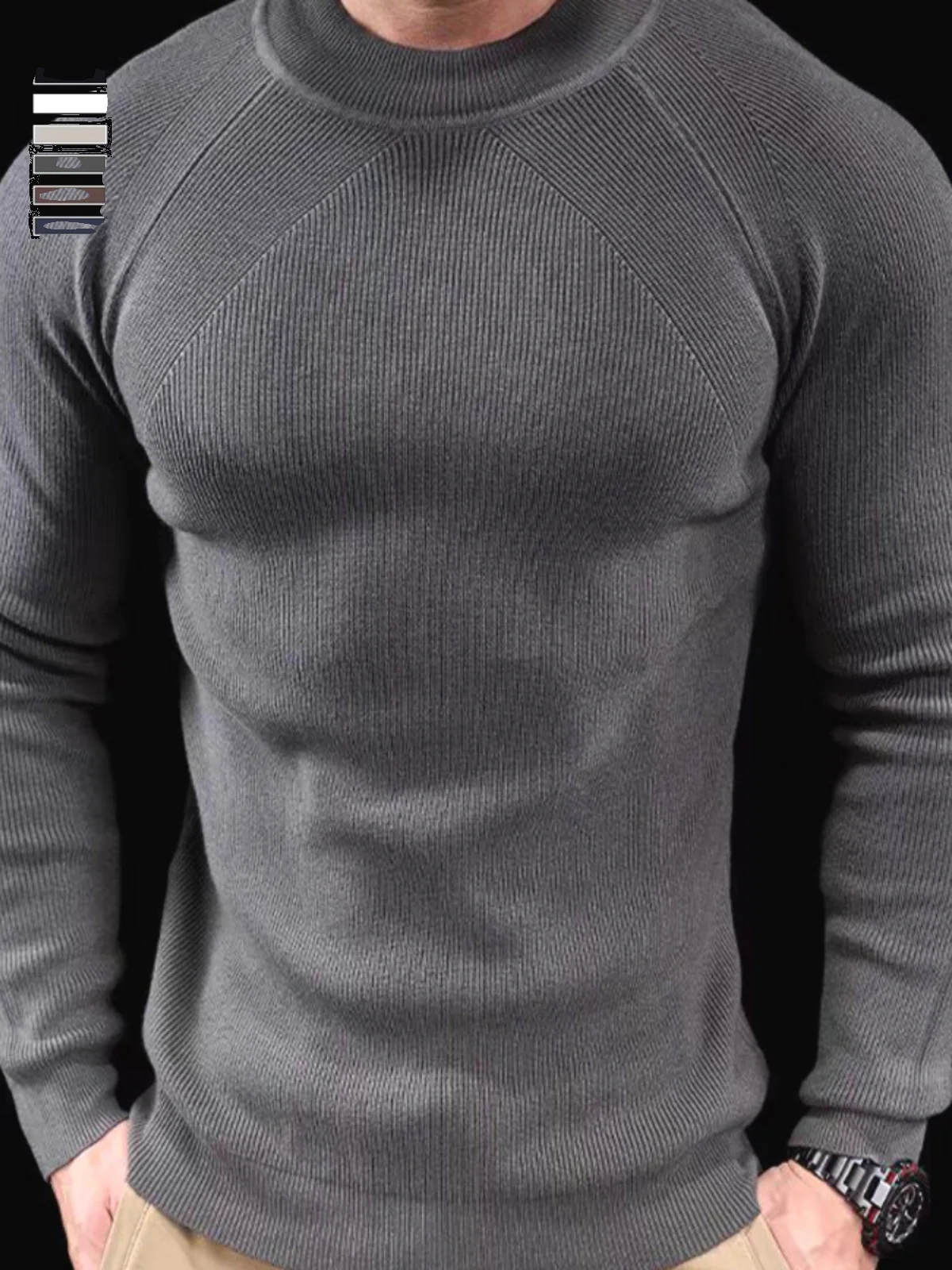 

Ele Slim Fit Knitted Sweater with Small Collar Long Sve Base Layer Muscle Men's Elastic oulder Insertion Camere Sw...
