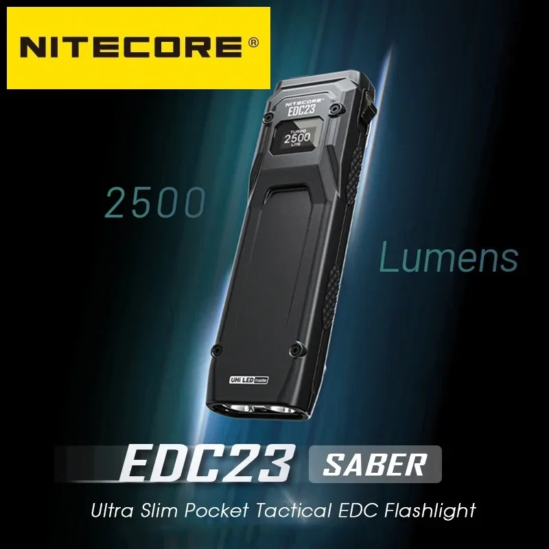 NITECORE EDC 23 LED Flashight SABER Ultra Slim Flat 2500LM Rechargeable Pocket Tactical Torch with Built-in Battery for Camping