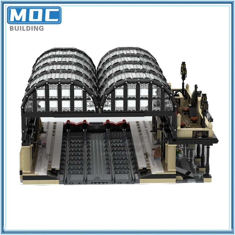 Granded Studgated Station MOC Building Blocks City Train Architecture Model DIY Assembly Technology Bricks Collection Gift Toys