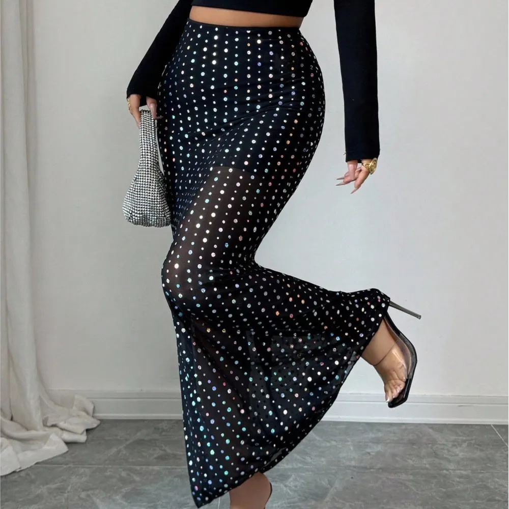 Autumn Beaded Glittering Sequined Double Layer Net Sash Tight A Line Women's Half Dress Fashion High Waist Slim Date Half Skirt
