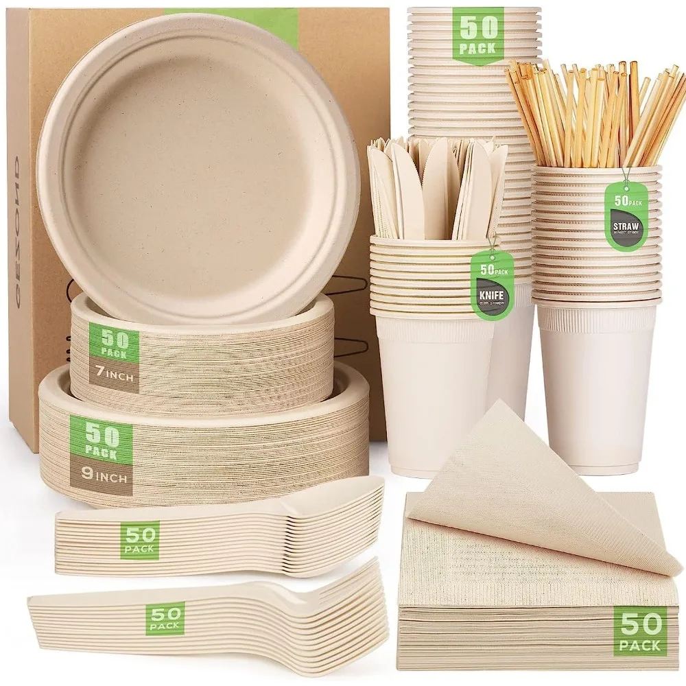 

400pcs Compostable Paper Plates Set Eco-friendly Heavy-duty Disposable Paper Plates Cutlery Includes Biodegradable Plates