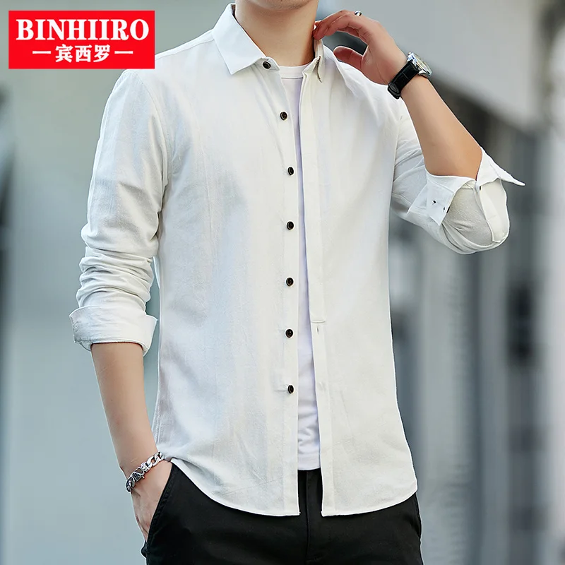 

BINHIIRO Men's Cotton Long Sleeve Shirt Spring Autumn Daily Casual Shirt Comfortable Standard-fit Button-down Solid Color Shirt