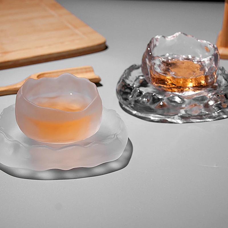 1pc Japanese Style Glass Cup Tasting Transparent/Frozen Tea Cups White Wine Cup Kongfu Master Teacup Tea Cup And Tea Mat 2 Style