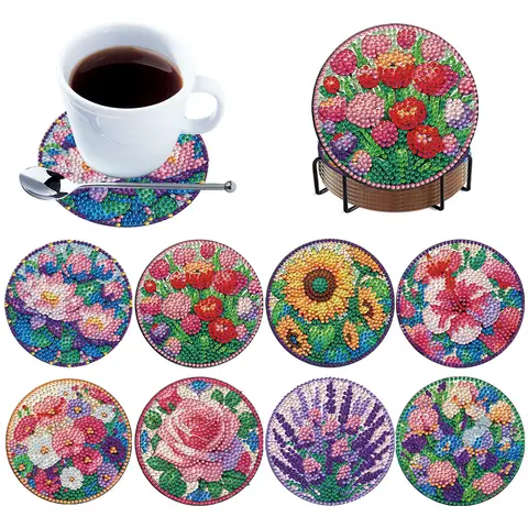 Posavasos con pintura de diamantes de animales y flores acrílicas, Kits de pintura de diamantes 5D, posavasos de bebidas brillantes para decoración de mesa del hogar, 8 Uds.