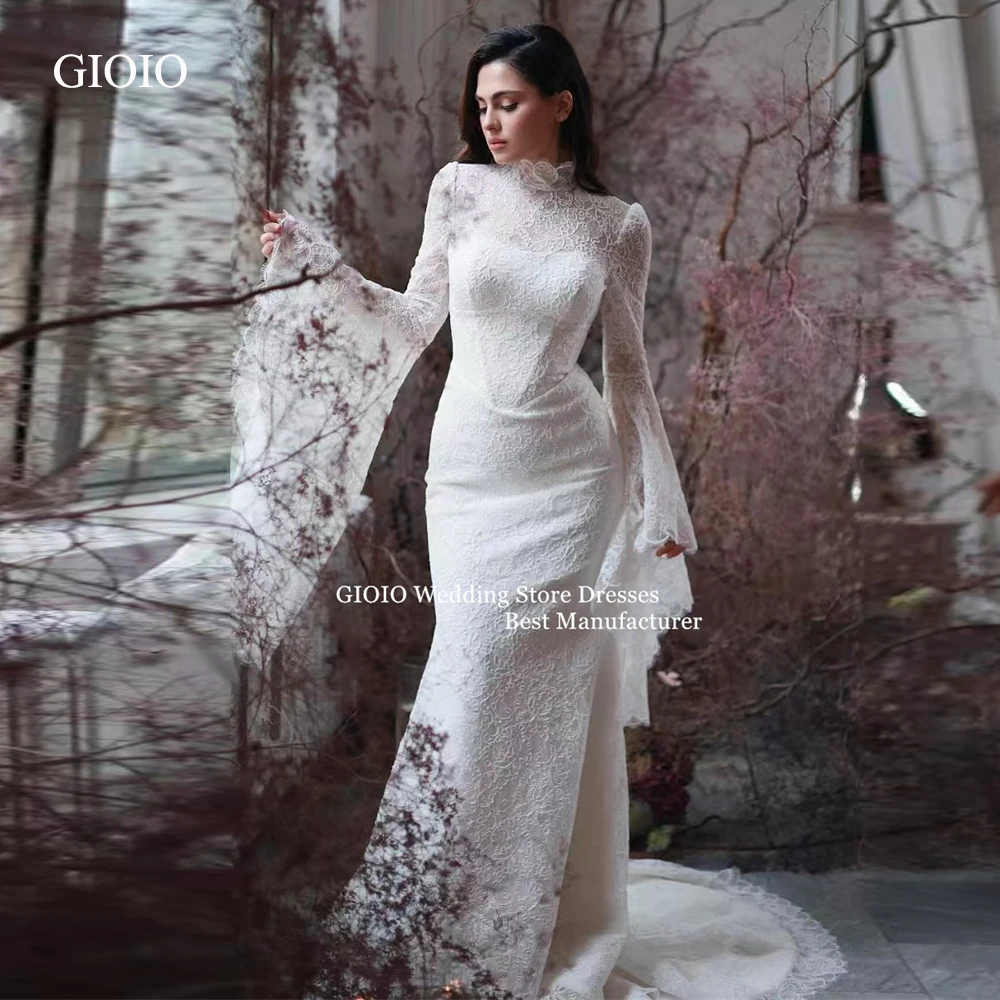 فستان زفاف GIOIO أنيق برقبة عالية وأكمام طويلة وأكمام طويلة مزين بحورية البحر من الدانتيل مع ذيل زفاف الكنيسة حسب الطلب