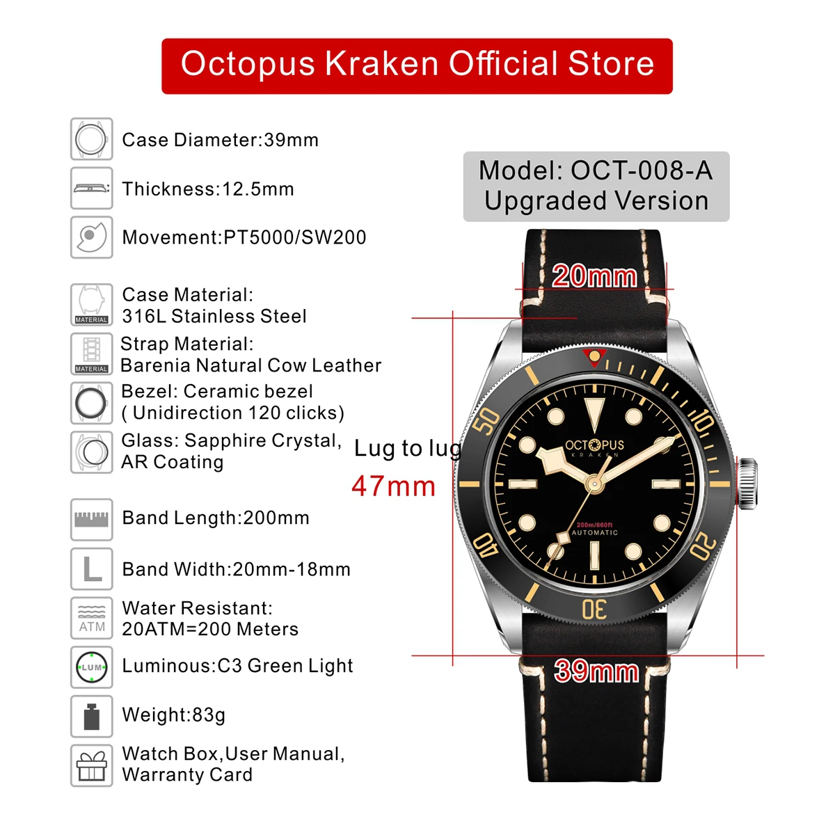 2024 New Octopus Kraken 39mm BB58 Men Automatic Mechanical Watch For Men 39mm Vintage SW200 Sapphire Crystal 20Bar Diver Watches