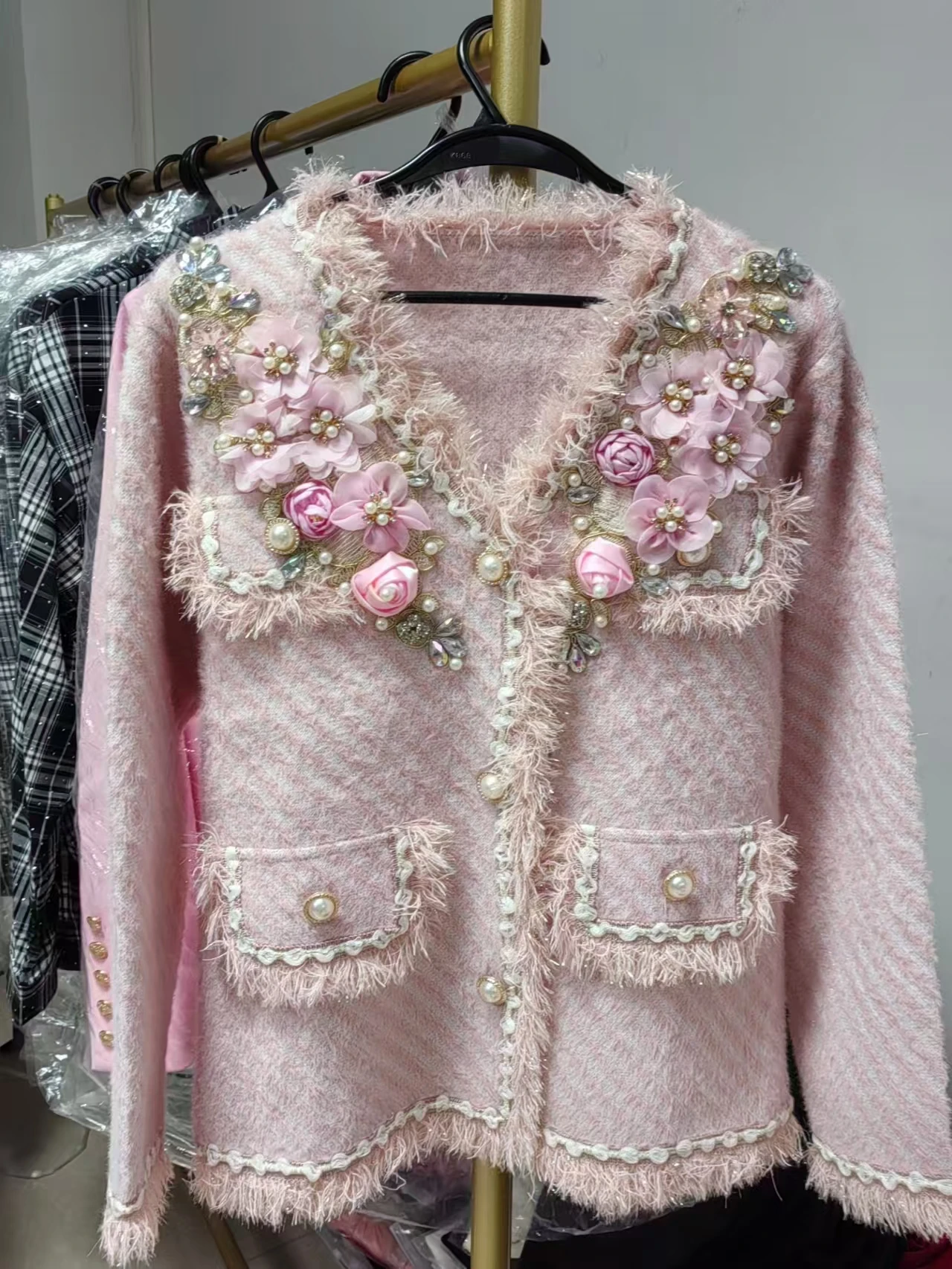 Real Photo Luxury Style Beaded Flower Stitch Knitwear Cardigan Coat For Women V-neck Autumn Winter Pink Sweater Outwear Jacket