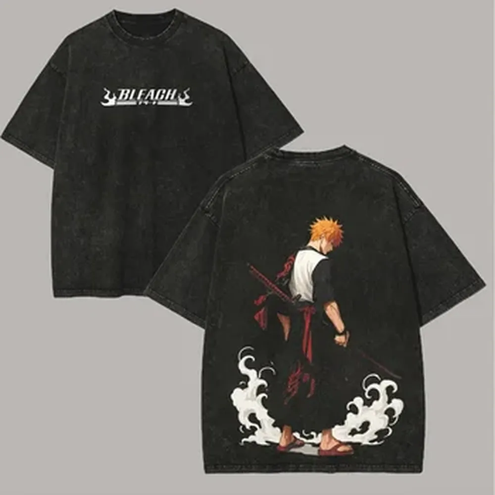 Anime BLEACH Printed T-shirt Kurosaki Ichigo Vintage Washed T Shirt Men Clothing Summer Oversized Short Sleeve Cotton Tees Tops