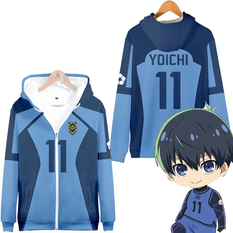 Hoodie azul do BLOQUEIO dos homens e das mulheres, moletom 3D com zíper, moletom azul, streetwear, Y2K, Isagi Yoichi, roupas cosplay, menino, roupas anime